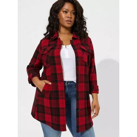 Torrid Plaid Brushed Cotton Flannel Shacket Womens Size 2 Red Black Plus Size E - Picture 5 of 8